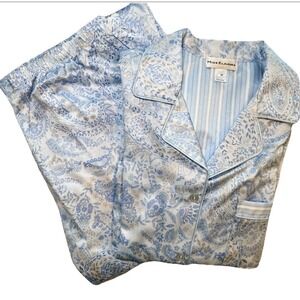 Miss Elaine Pajama Set Medium Blue Paisley Button Front Top Pants Sleepwear